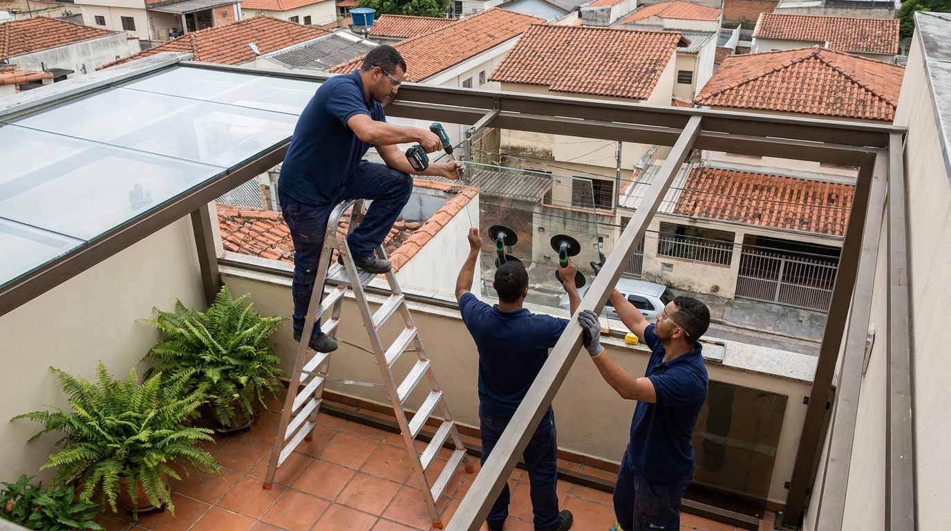 Cobertura de vidro em terraço com telhados em Santos-SP