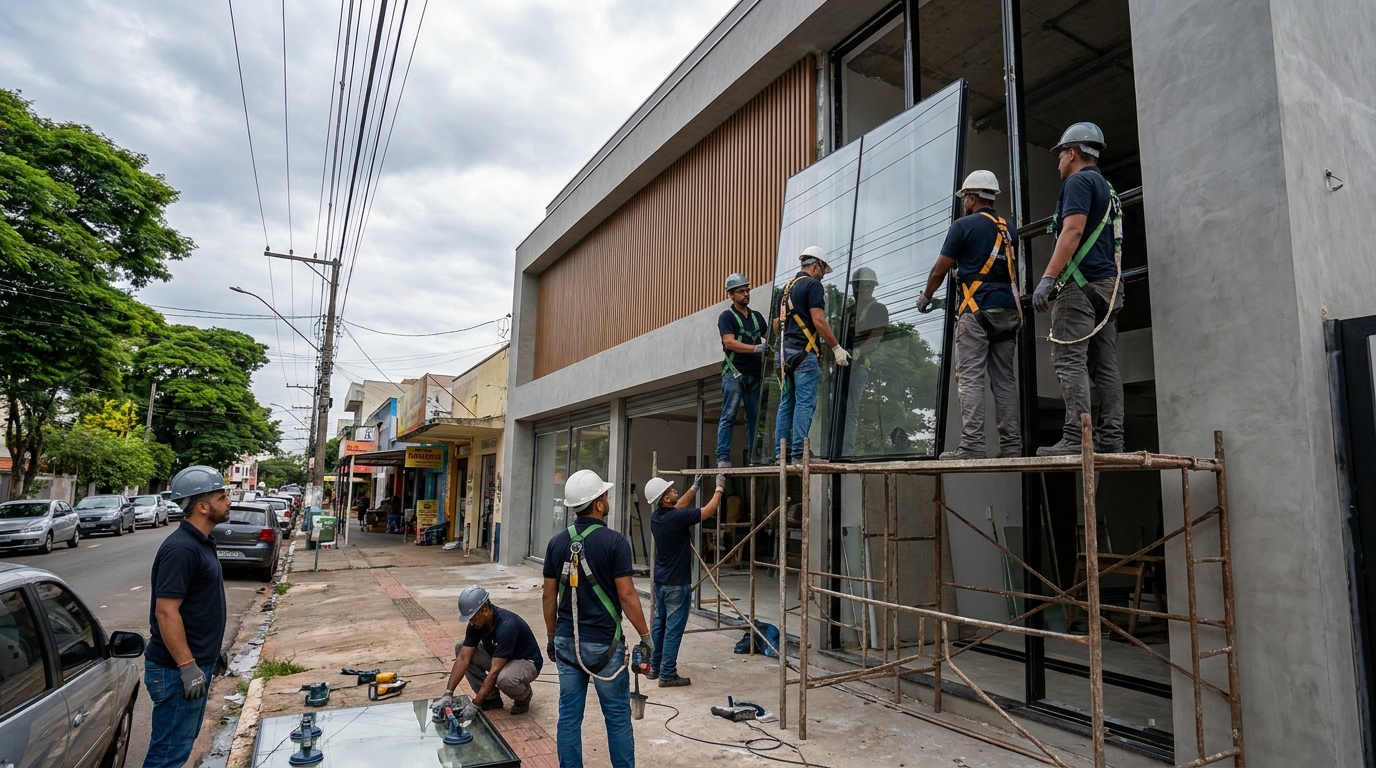 Fachada de vidro com andaime lateral em Santos-SP