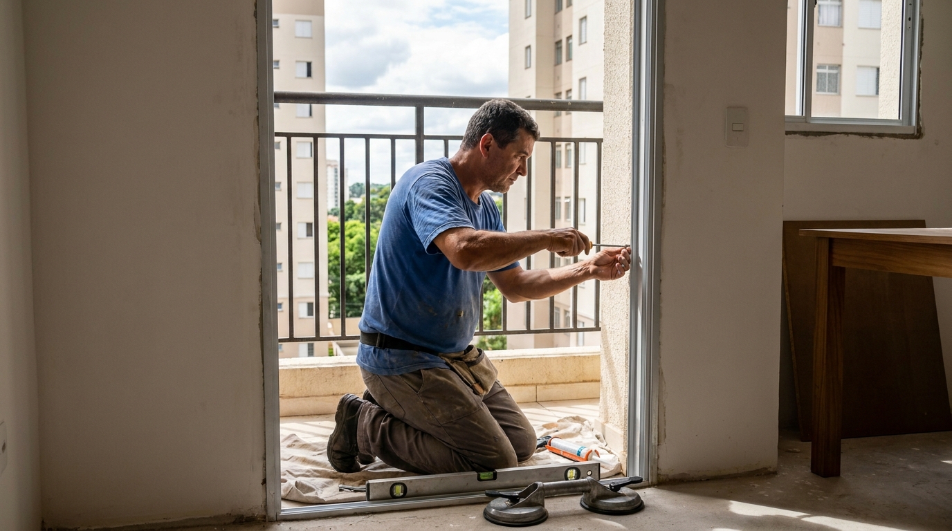 Janela de vidro em apartamento alto em Santos-SP